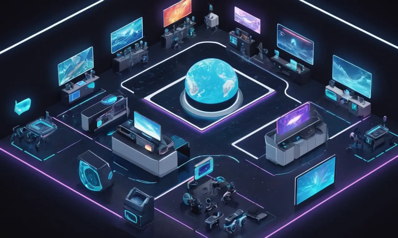 Una escena futurista donde varias pantallas y dispositivos se fusionan con la realidad virtual para crear una experiencia de juego inmersiva.
