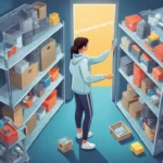 Una persona cuidadosamente arreglando y almacenando artículos en un almacén o armario.