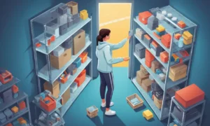 Una persona cuidadosamente arreglando y almacenando artículos en un almacén o armario.