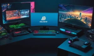 Una imagen de pantalla dividida que muestra el crecimiento de eSports: una antigua consola de juego en un lado y PCs de juego modernos / laptops en el otro.