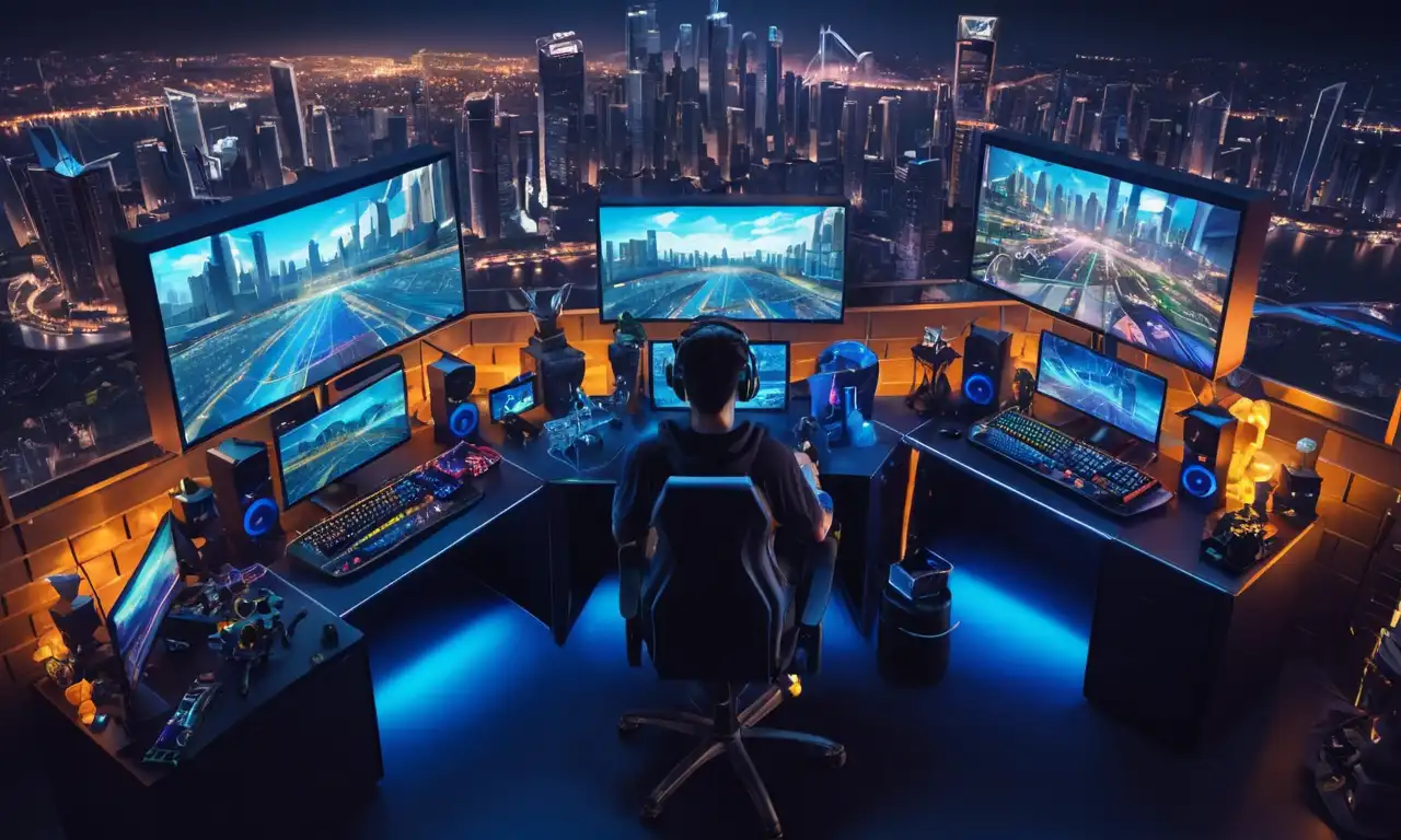 Un jugador profesional rodeado de pantallas de juego y trofeos frente a un paisaje urbano.