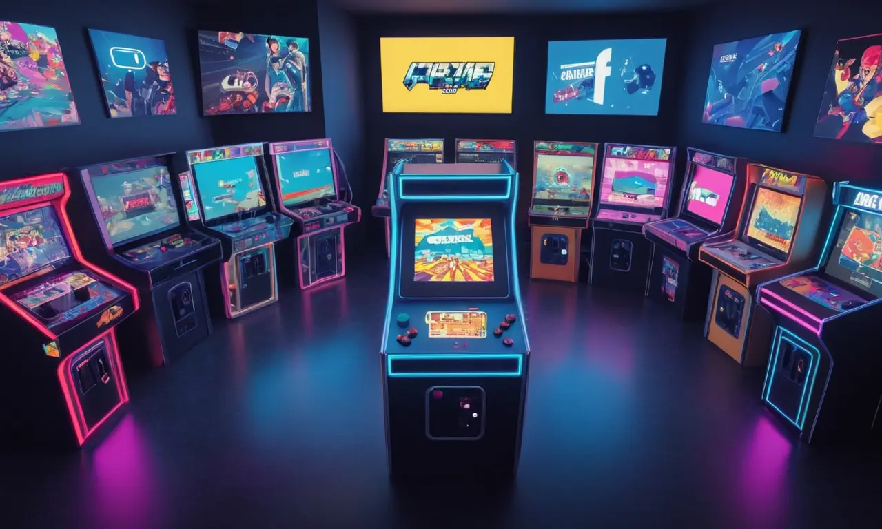 Un gabinete de arcade de estilo retro rodeado de modernas pantallas y cables de redes sociales.