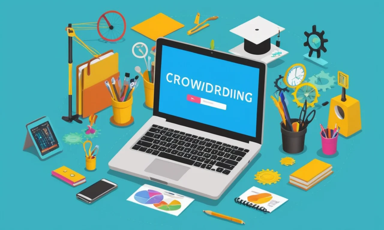 Un empresario que sostiene un portátil con una campaña de crowdfunding que se ejecuta en la pantalla, rodeado de herramientas y materiales creativos.