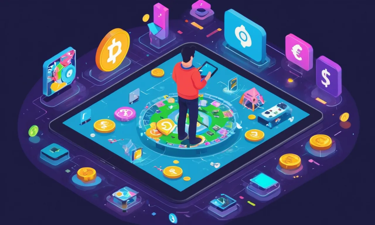 Una persona que tiene una tableta con un videojuego en ella, rodeado de varias monedas digitales y plataformas de crowdfunding.