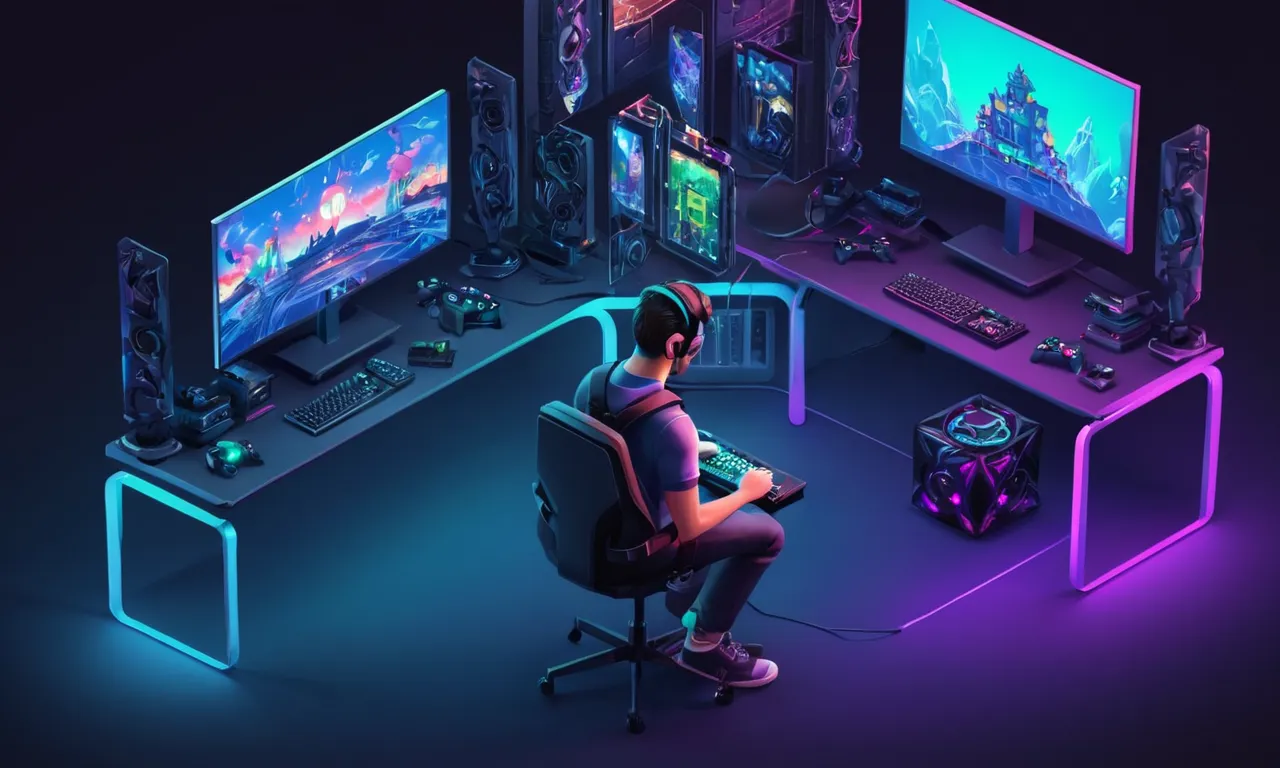 Un jugador que sostiene un controlador rodeado de pantallas que muestran el progreso del desarrollo del juego