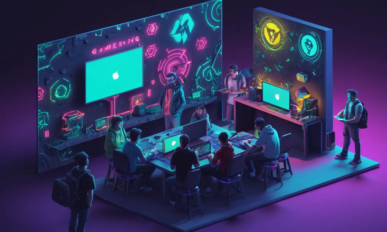 Un grupo de jugadores y desarrolladores se reunieron alrededor de una consola, con un portátil mostrando una campaña de crowdfunding en el fondo.