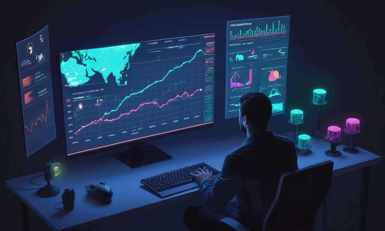 Una persona sentada frente a una pantalla de computadora que muestra una campaña de crowdfunding para un videojuego, con gráficos y gráficos que muestran su impacto.