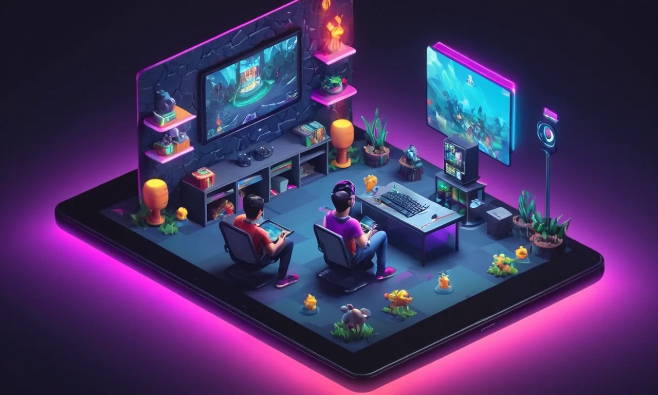 Un jugador usando una tableta para respaldar un nuevo juego en una plataforma de crowdfunding con un fondo de gráficos de juego.