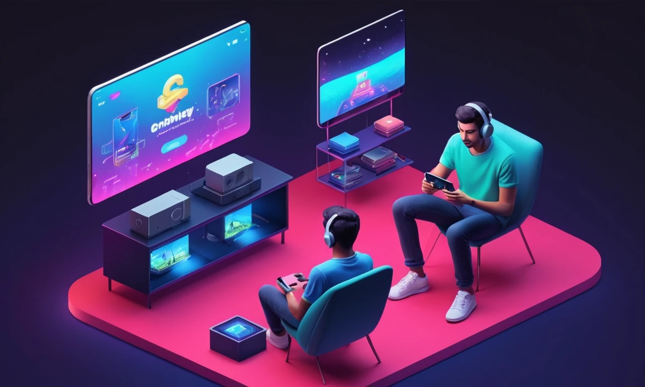 Una persona jugando un videojuego en una consola con un smartphone cercano mostrando pantallas de plataforma crowdfunding.