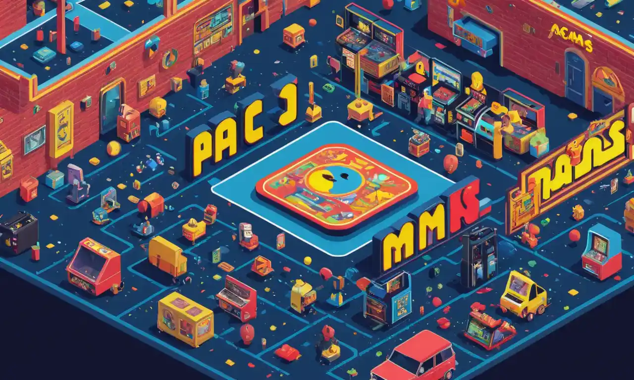 Una ilustración nostálgica con el creador de Pac-Mans Toru Iwatani rodeado de elementos de juego icónicos y máquinas de arcade retro.
