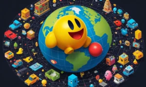 Una ilustración nostálgica del Pac-Man rodeada de iconos de la década de 1980