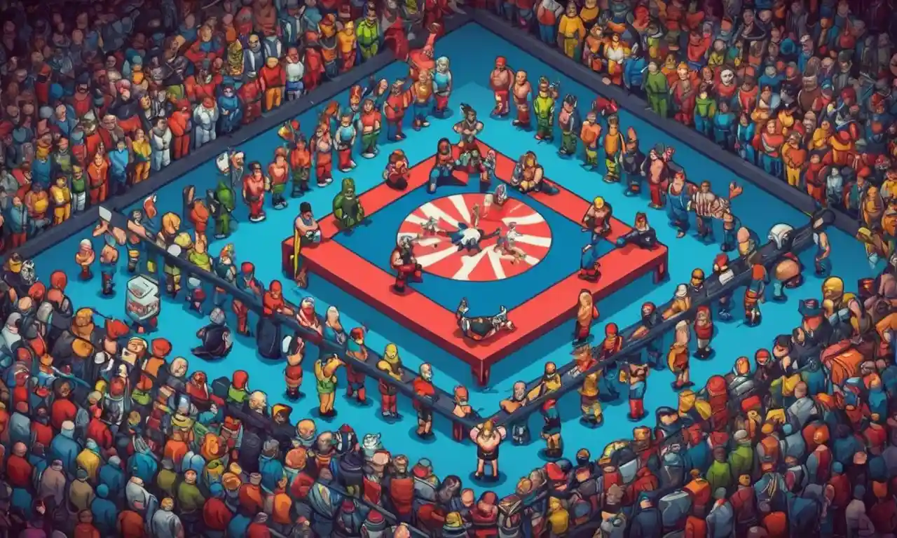 Una persona rodeada de personajes de videojuegos icónicos de juegos de lucha, simbolizando su influencia cultural.