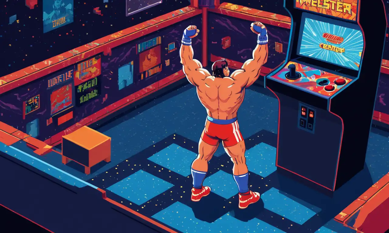Un luchador de pie victorioso en medio de píxeles y pantallas en un ambiente retro arcade.