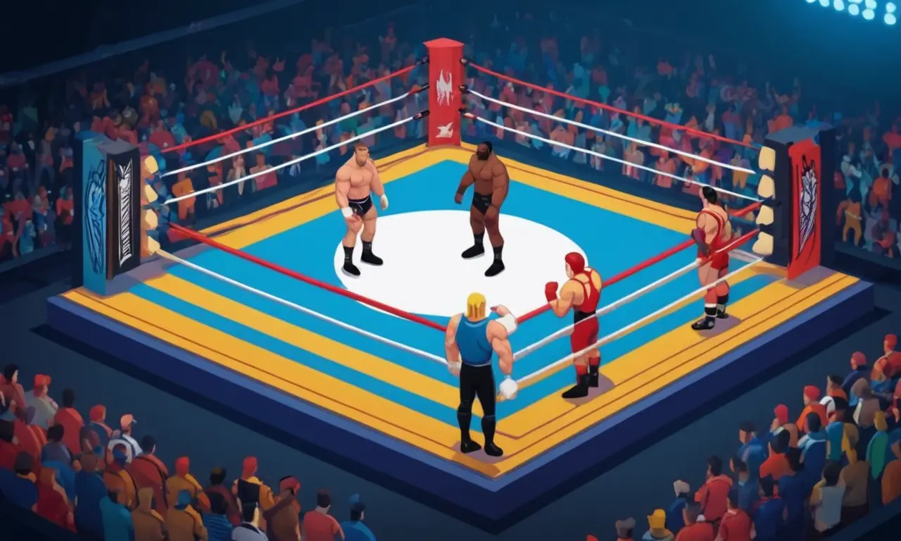 Figuras de lucha de diferentes culturas que se unen en un escenario de lucha.