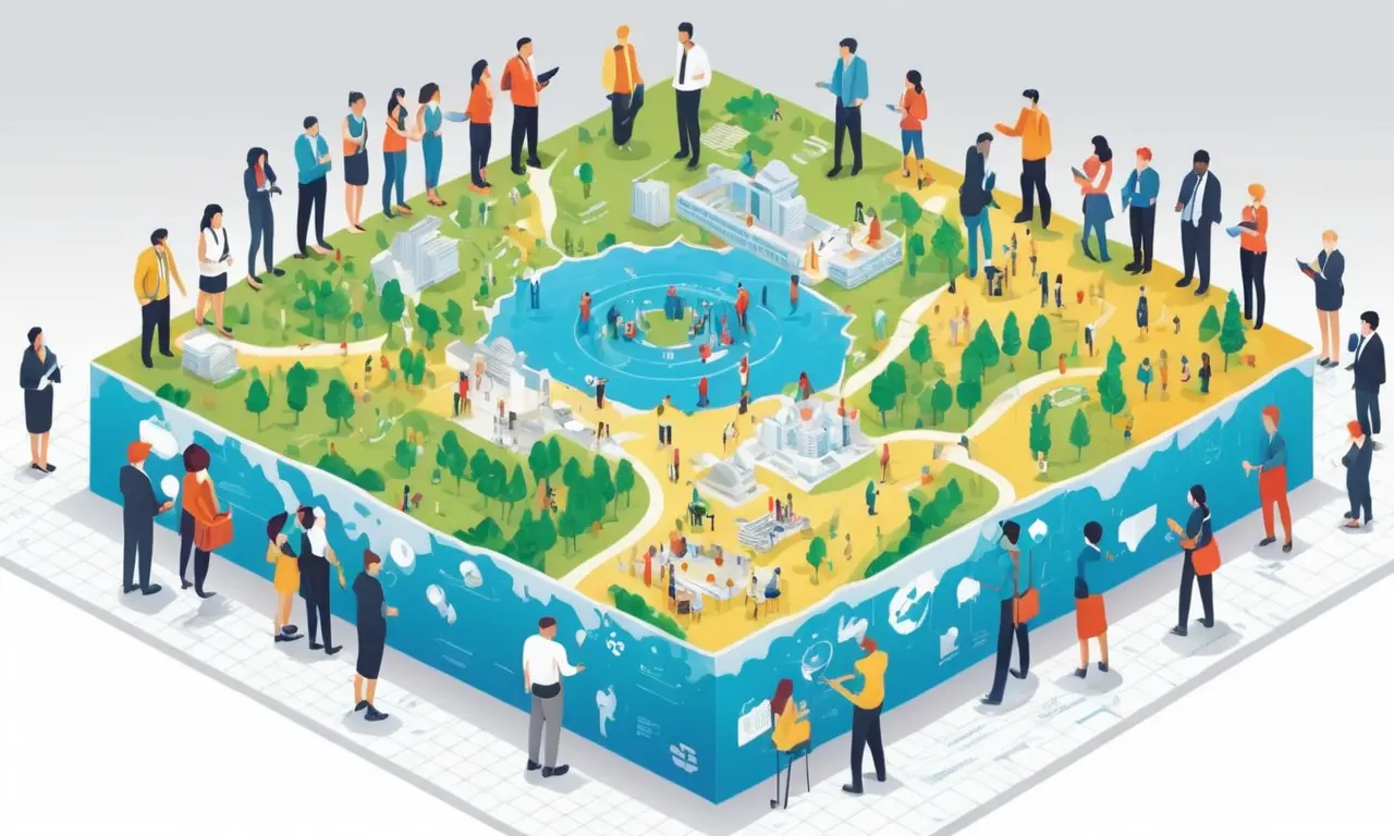 Un grupo diverso de personas en discusiones alrededor de un gran mapa interactivo o visualización gráfica.