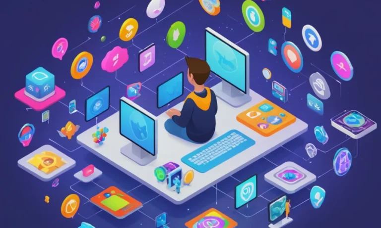 Una persona rodeada de varios avatares digitales y opciones de personalización en una pantalla de computadora.