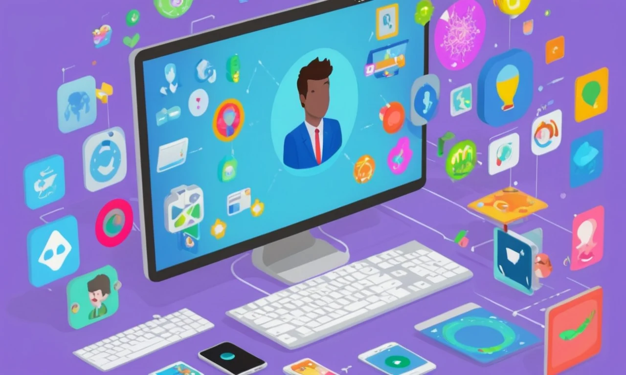 Una persona rodeada de varios avatares digitales y herramientas de personalización en una pantalla de computadora.