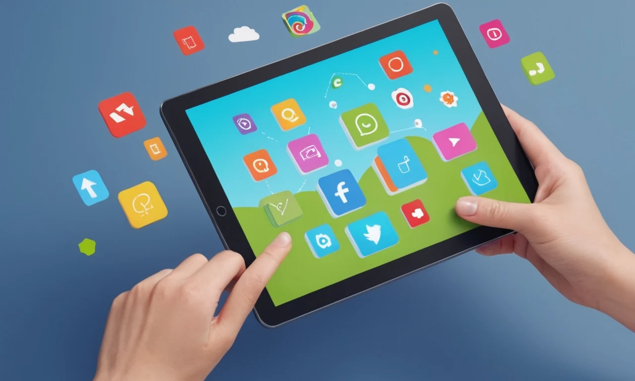 Una persona sostiene una tableta con varias herramientas de personalización y avatares virtuales en la pantalla.