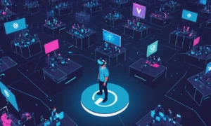 Una persona que lleva gafas VR en un evento o conferencia con pantallas y logotipos relacionados con VR que los rodean.