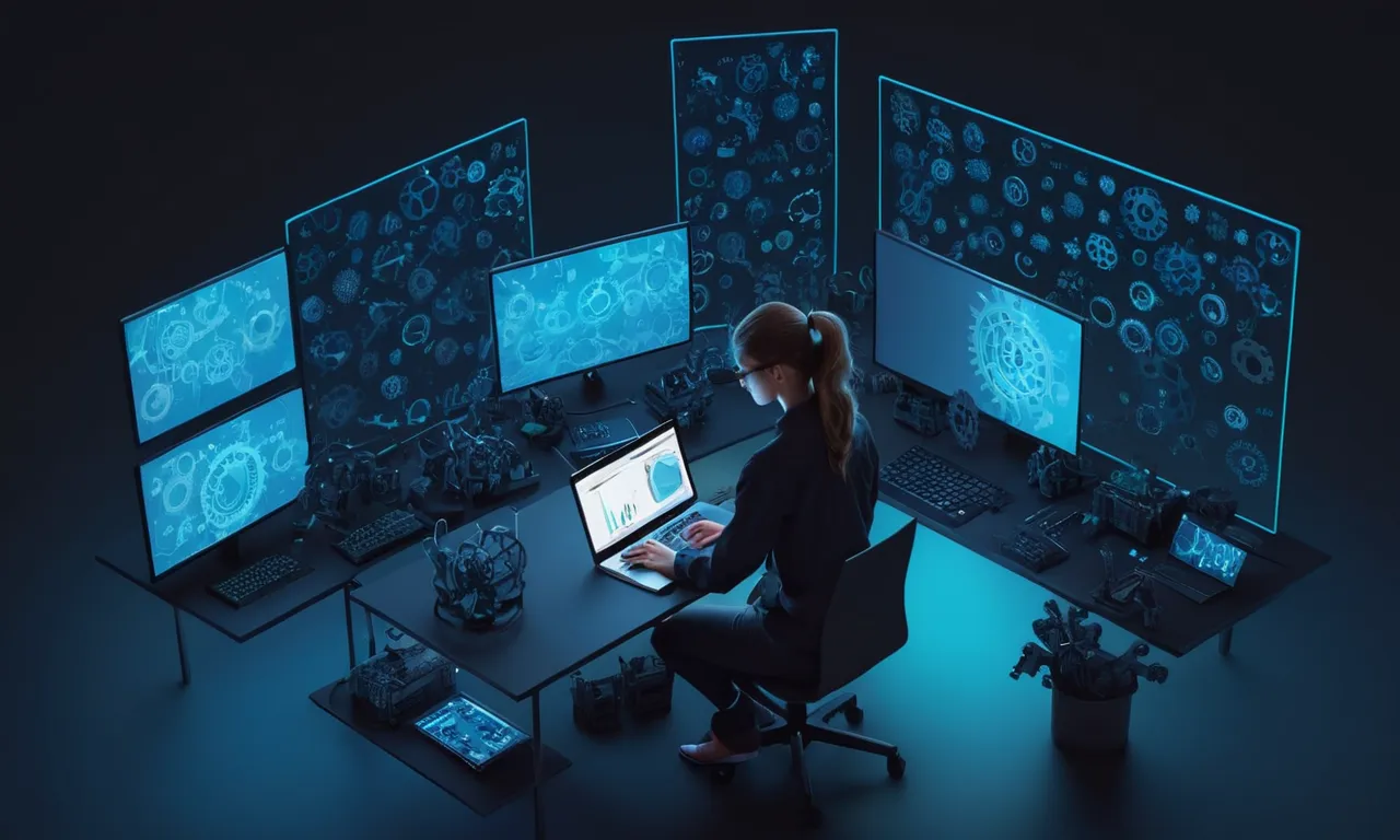 Una mujer desarrolladora codificación en un portátil rodeado de pantallas y engranajes, simbolizando su contribución al paisaje tecnológico competitivo.