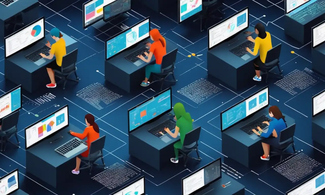 Collage of female developers working on laptops surrounded by code snippets and charts.