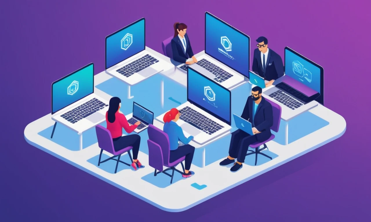 Desarrolladores colaborando en laptops rodeados de logotipos de empresa y símbolos de la industria.