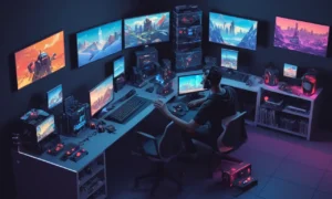 Un desarrollador rodeado de consolas de juego y pantallas de codificación