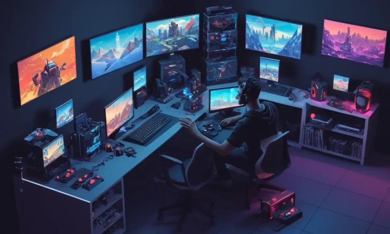 Un desarrollador rodeado de consolas de juego y pantallas de codificación