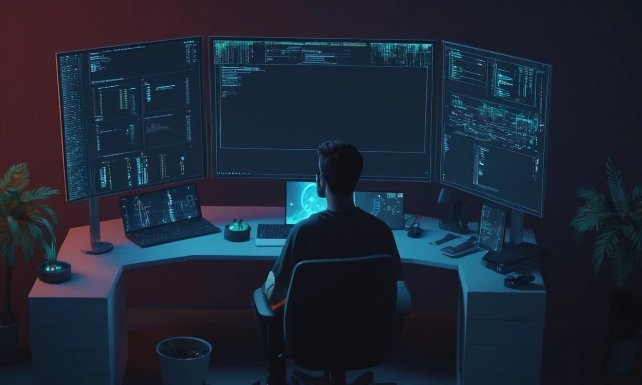Un desarrollador sentado frente a una pantalla de ordenador con el código y las imágenes del juego.