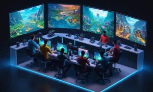 Un grupo de desarrolladores se reunieron alrededor de una mesa jugando su videojuego en varias pantallas.