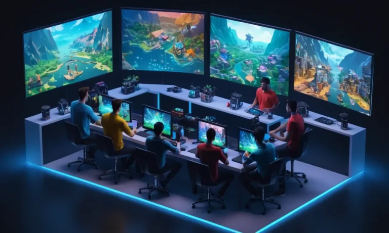 Un grupo de desarrolladores se reunieron alrededor de una mesa jugando su videojuego en varias pantallas.