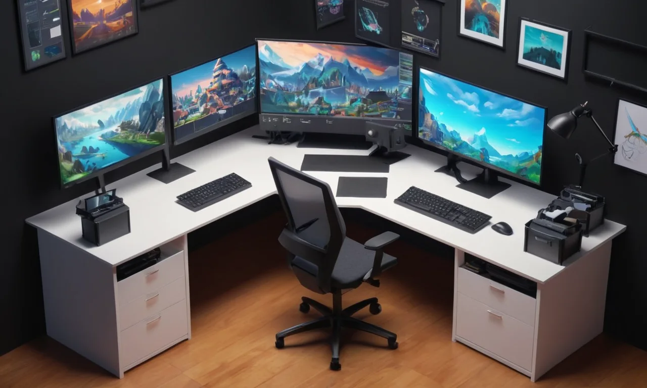 Obras de artistas con pantallas que muestran software de animación, arte conceptual y gráficos en progreso para el desarrollo de cine o juego.