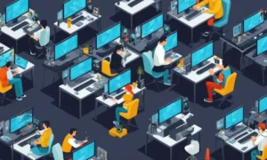 Artistas trabajando en computadoras con pantallas que muestran animaciones y diseños de personajes para el desarrollo del cine y del juego.