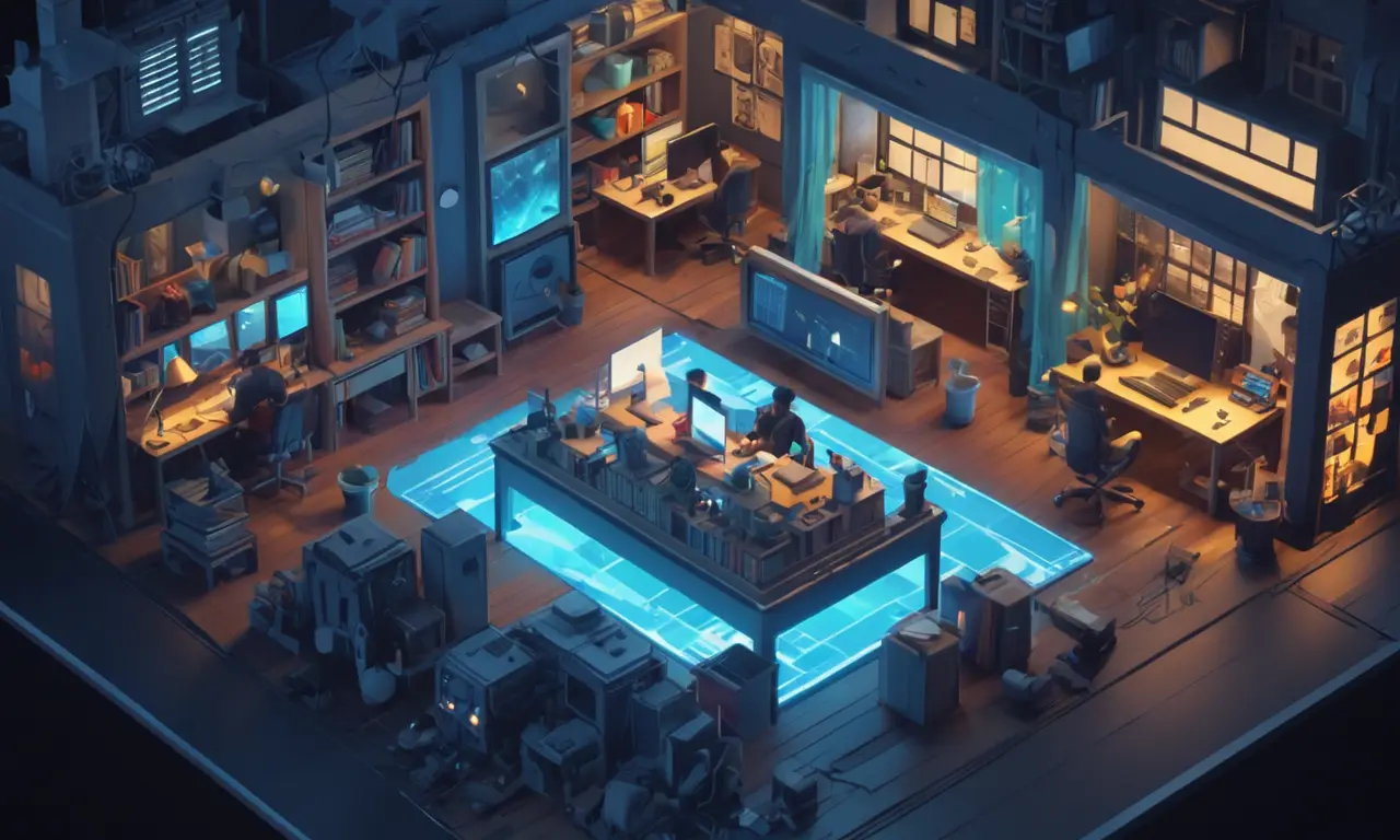 Artistas trabajando en pantallas informáticas, rodeados de escenas 3D y animaciones.