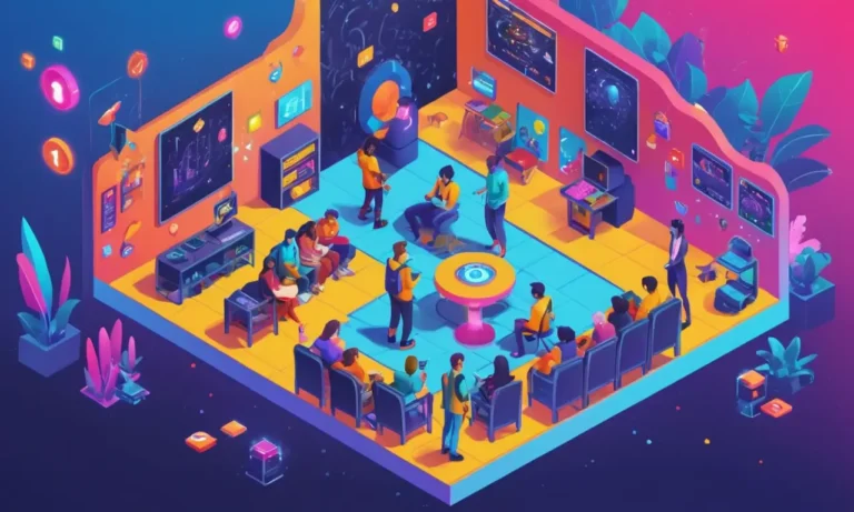 Los desarrolladores del juego discuten las directrices de accesibilidad en una pantalla con personajes de juego coloridos en el fondo.