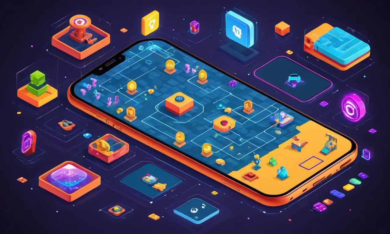 Una pantalla de teléfono inteligente que muestra un juego móvil, rodeado de símbolos de codificación y herramientas de diseño.