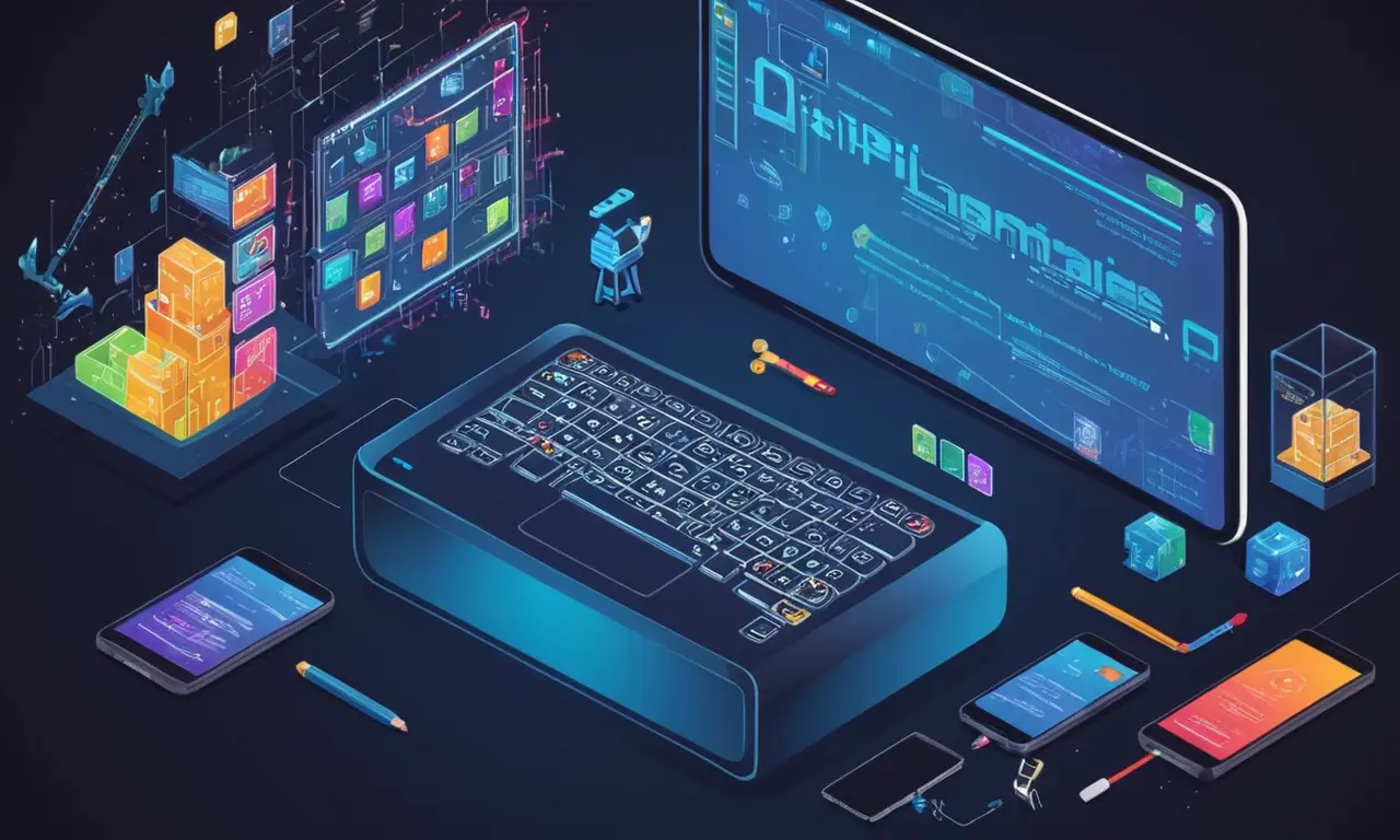 Una persona que trabaja en un portátil con varios software de desarrollo del juego y activos abiertos en la pantalla.