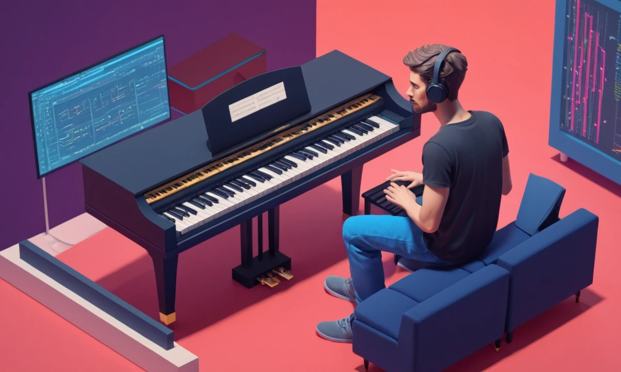 Un compositor sentado en un piano rodeado de software de código y música, con un desarrollador de juegos en el fondo.