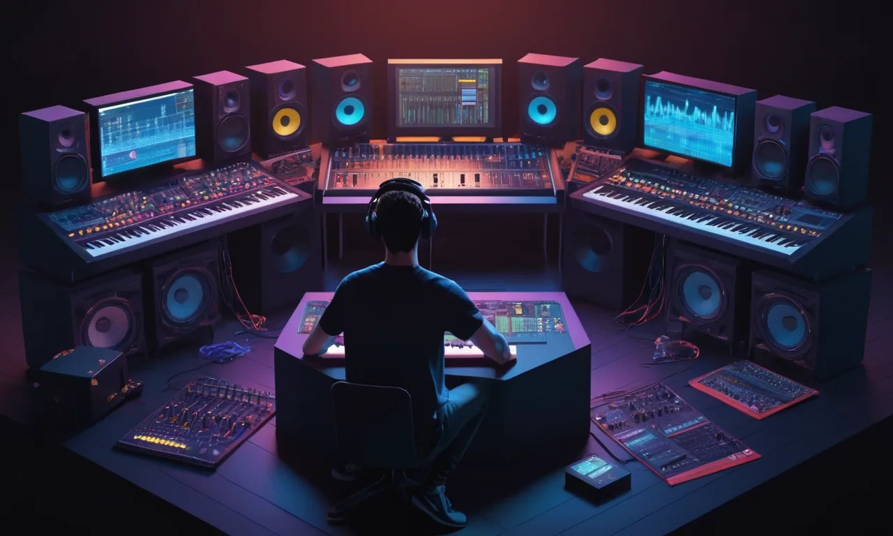 Un músico sentado frente a una consola de mezcla, rodeado de arte de concepto de juego y fragmentos de código.