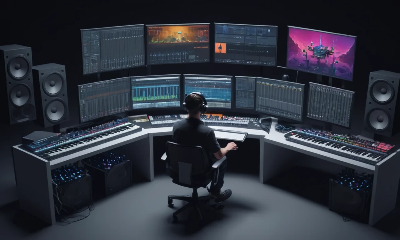 Un compositor de juegos sentado en una consola de mezcla rodeado de hojas de música y pantallas de ordenador.