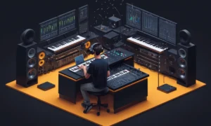 Un músico sentado en una consola