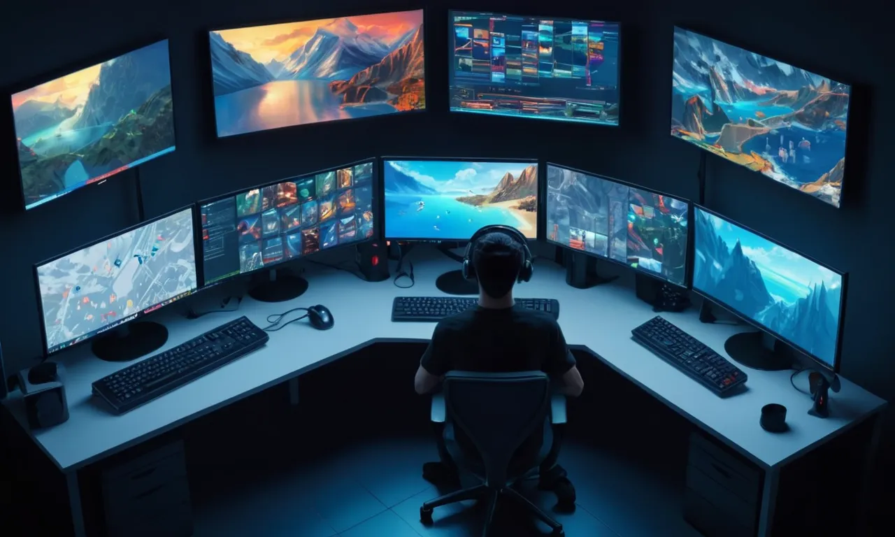 Un desarrollador de juegos sentado frente a una pantalla de computadora con múltiples pantallas y software gráfico abierto.