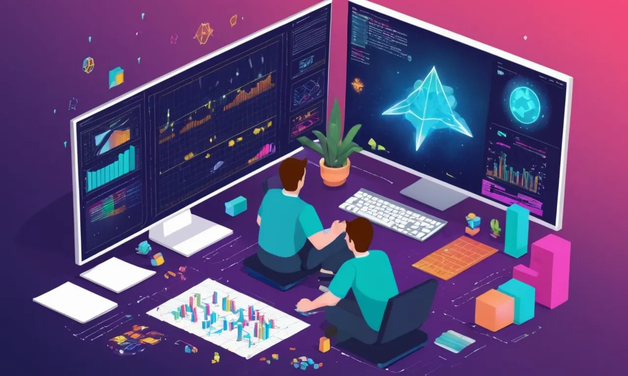 Una persona sentada frente a una pantalla de computadora que muestra el software de diseño del juego, con notas y diagramas que los rodean.