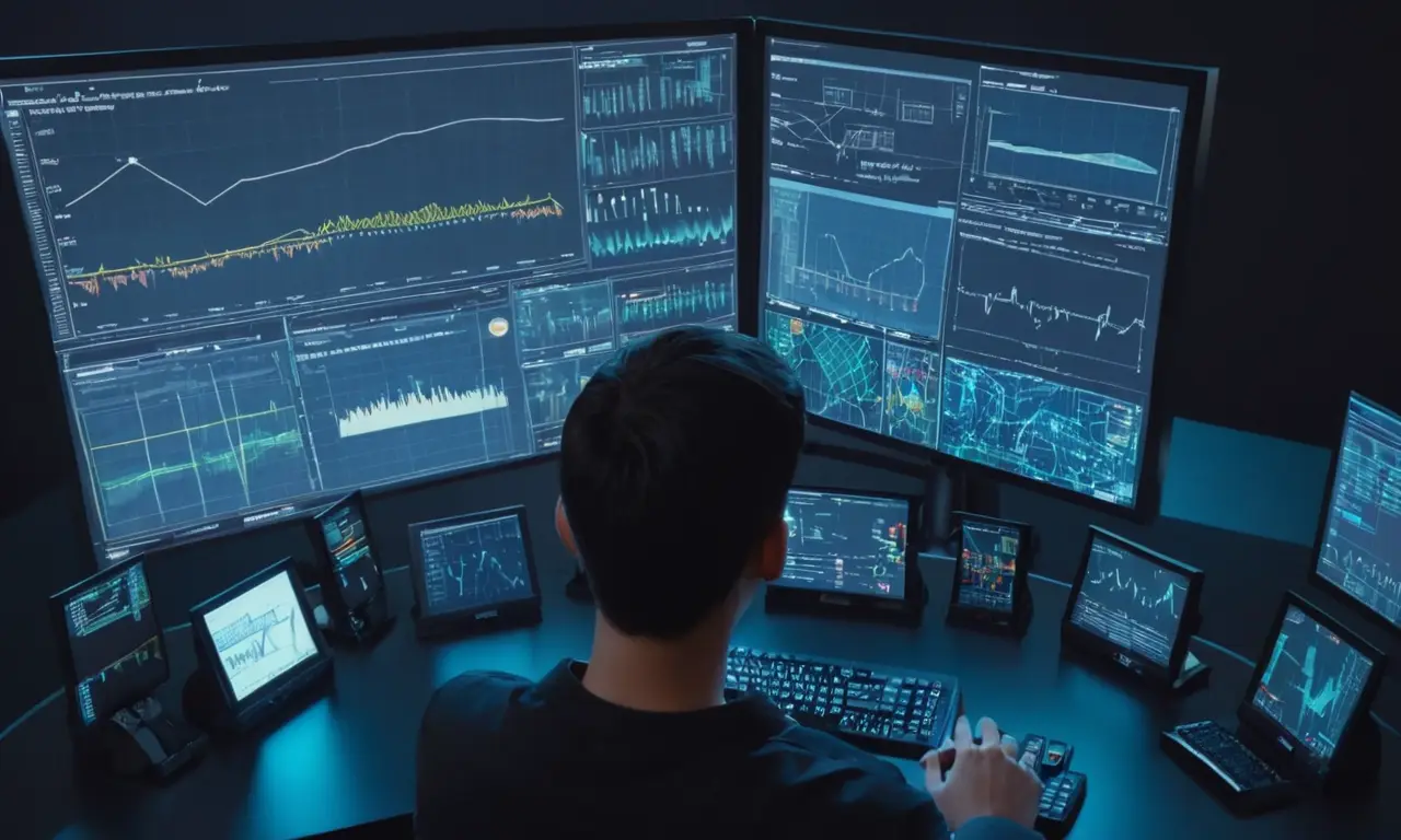 Una persona sentada frente a una pantalla de ordenador mostrando un simulador con notas y gráficos que los rodean.