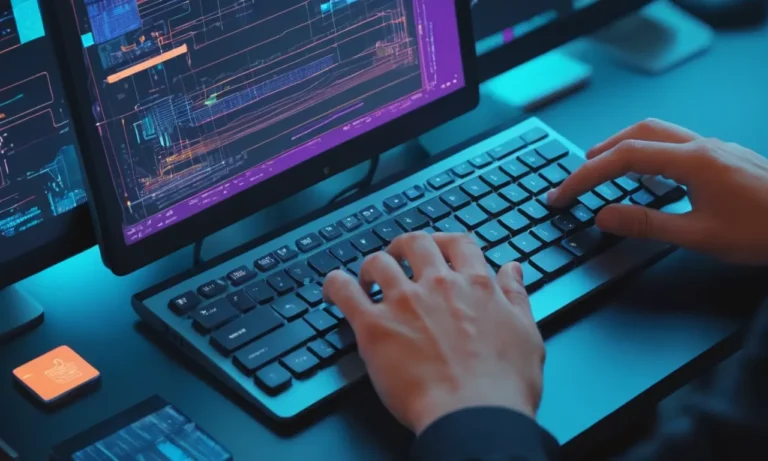 Las manos de los desarrolladores escribiendo código en una pantalla de computadora con iconos y diagramas que representan activos digitales.
