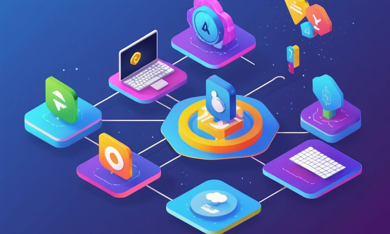 Un organizador gráfico que muestra varios iconos de activos digitales y símbolos de codificación.