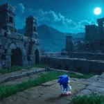 Un misterioso resplandor azul rodea Sonic the Hedgehog mientras se encuentra frente a ruinas antiguas