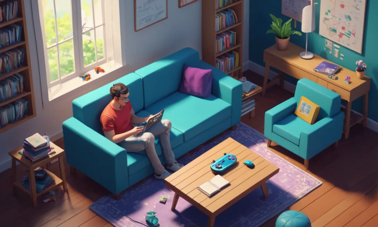 Un adulto jugando un videojuego en un sofá, con notas de terapia y libros repartidos alrededor.