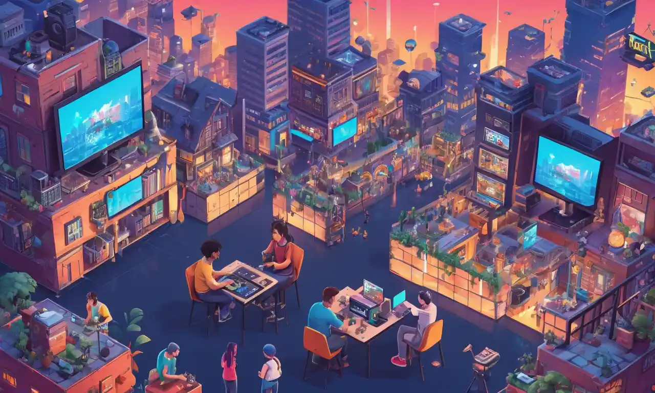 Adultos jugando videojuegos con diversos fondos y consolas en primer plano, rodeados de paisajes urbanos o elementos artísticos.