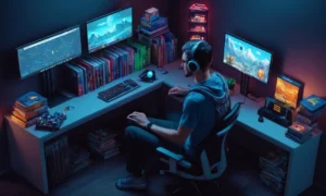 Un jugador sentado en un ordenador rodeado de libros de codificación y pantallas que muestran software de desarrollo del juego.